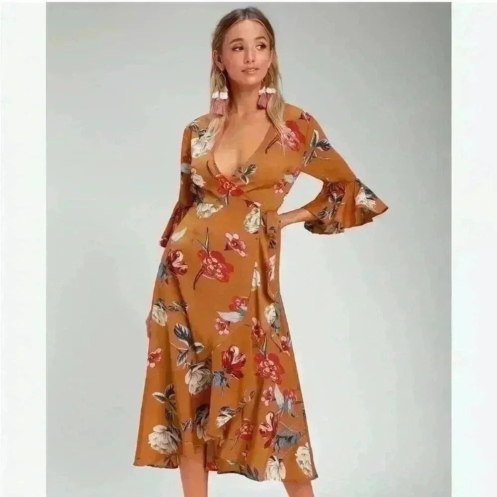 Lulus Midi Mustard Yellow Floral Wrap Dress size XS